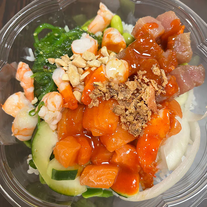 Salmon-shrimp donburi with crispy garlic at Pokebowl Express & Asian Cuisine, an Asian Restaurant in Pittsburgh