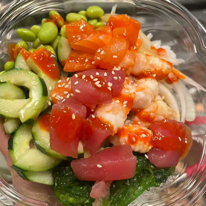 Shrimp-tuna donburi with veggies at Pokebowl Express & Asian Cuisine, an Asian Restaurant in Pittsburgh
